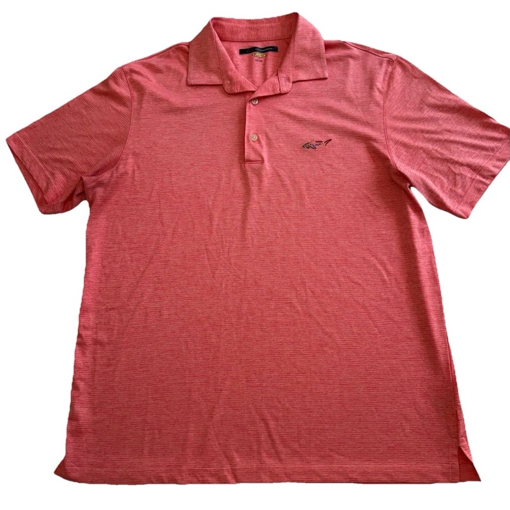 Greg Norman Shark Play Dry Polo Shirt Mens L Coral Pink Embroidered Logo Golf
